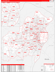 St. Louis County, MO Wall Map Zip Code Red Line Style 2024